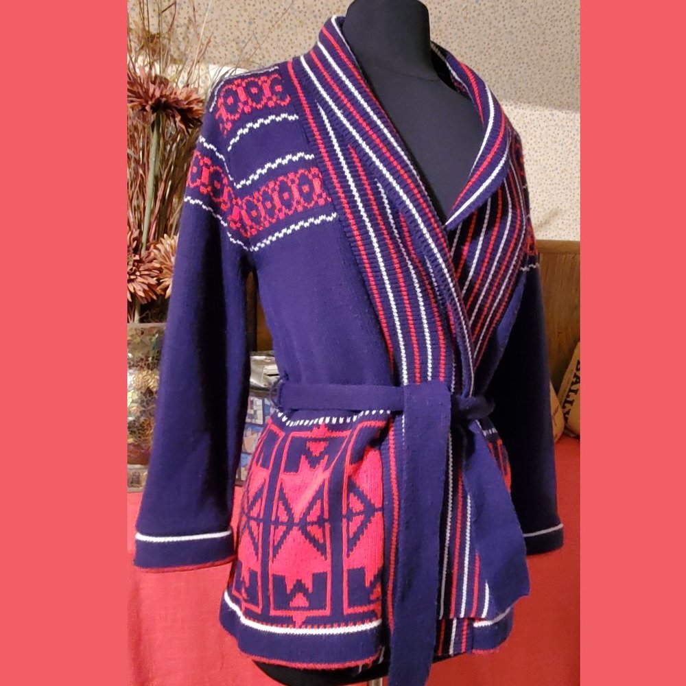 Nan Dorsey Red/blue cardigan with tie belt - VTG